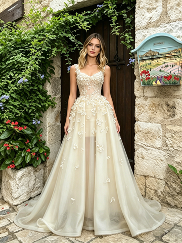 V Neck Champagne Flowers Tulle A Line Prom Dress