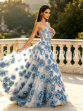 Scoop Sheer Tulle A Line 3D Rose Flower Prom Dress