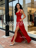 Red Straps A Line Satin Simple Pockets Prom Dress With Slit