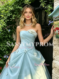 Tulle Flowers Ruched Sweetheart Light Blue Prom Dress