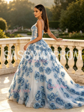 Scoop Sheer Tulle A Line 3D Rose Flower Prom Dress