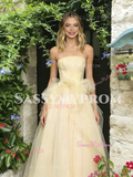 Yellow Tulle A Line Sequin Ruffles Strapless Prom Dress