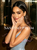 Trumpet Mermaid Beading Blue Spaghetti Straps Tulle Prom Dress