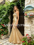 Sweetheart Gold Butterfly Sequin Trumpet Mermaid Prom Dress