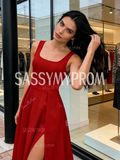 Red Straps A Line Satin Simple Pockets Prom Dress With Slit