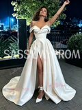 A Line Off The Shoulder Satin Wedding Dress With Pockets
