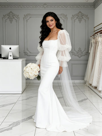 Pudffy Sleeve Tulle Satin Trumpet Mermaid Sweetheart Wedding Dress