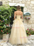 Yellow Tulle A Line Sequin Ruffles Strapless Prom Dress