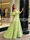 Tulle Puffy Sleeve Rose A Line Sheer Green Prom Dress