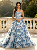 Scoop Sheer Tulle A Line 3D Rose Flower Prom Dress