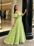 Tulle Puffy Sleeve Rose A Line Sheer Green Prom Dress