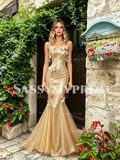 Sweetheart Gold Butterfly Sequin Trumpet Mermaid Prom Dress
