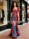 Puffy Sleeve Square Trumpet Mermaid 2 Color Organza Prom Dress