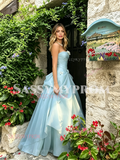 Tulle Flowers Ruched Sweetheart Light Blue Prom Dress