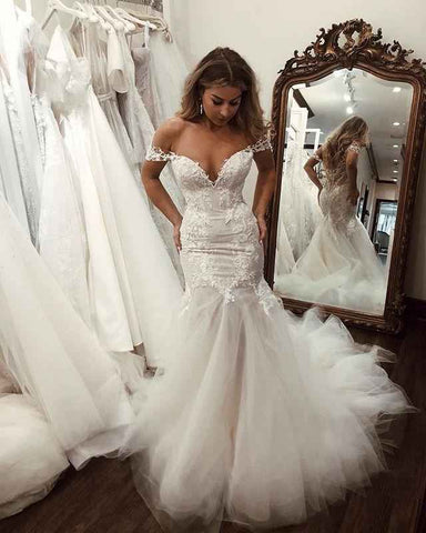 Tulle Off-the-shoulder Long Mermaid Wedding Dress