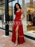 Red Straps A Line Satin Simple Pockets Prom Dress With Slit