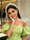 Tulle Puffy Sleeve Rose A Line Sheer Green Prom Dress