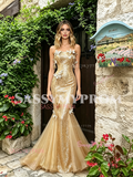 Sweetheart Gold Butterfly Sequin Trumpet Mermaid Prom Dress