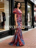 Puffy Sleeve Square Trumpet Mermaid 2 Color Organza Prom Dress