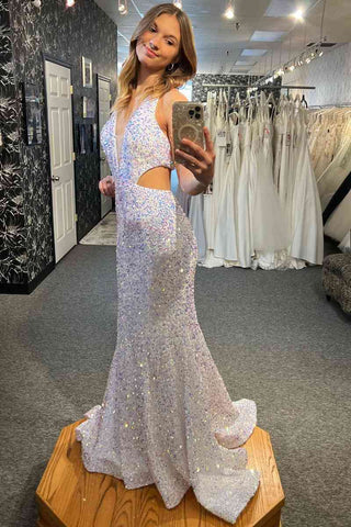 Sexy Mermaid Sequin White Cut Out Prom Dress