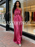 Fuchsia Satin One Shoulder Pleats A Line Prom Dress