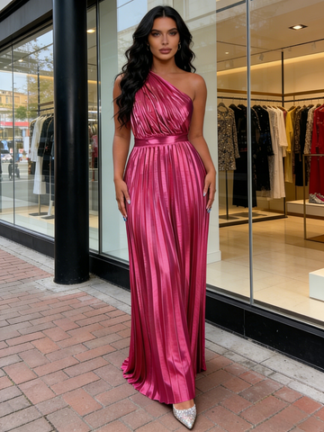 Fuchsia Satin One Shoulder Pleats A Line Prom Dress