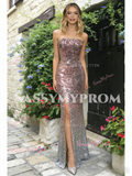 Strapless Sheath Column Ombre Sequin Prom Dress With Slit