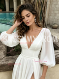 Chiffon Deep V Neck A Line Long Sleeve Wedding Dress With Slit