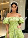 Tulle Puffy Sleeve Rose A Line Sheer Green Prom Dress