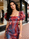 Puffy Sleeve Square Trumpet Mermaid 2 Color Organza Prom Dress