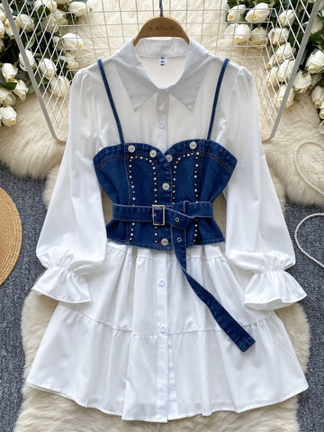 Denim Overlay Flowy White Shirt Dress