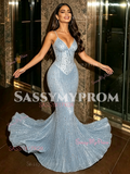 Trumpet Mermaid Beading Blue Spaghetti Straps Tulle Prom Dress
