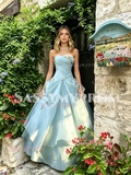 Tulle Flowers Ruched Sweetheart Light Blue Prom Dress
