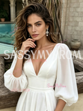 Chiffon Deep V Neck A Line Long Sleeve Wedding Dress With Slit