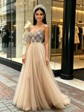 Beading Colorful A Line Champagne Strapless Tulle Prom Dress