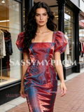 Puffy Sleeve Square Trumpet Mermaid 2 Color Organza Prom Dress
