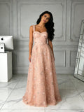 Print Sparkle Pink Star Tulle A Line Prom Dress