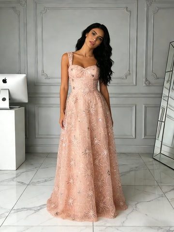 Print Sparkle Pink Star Tulle A Line Prom Dress