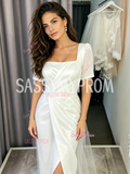 Square Short Sleeve A-Line Satin Tulle Wedding Dress With Slit
