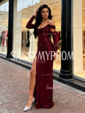 Sequin Trumpet Mermaid Off The Shoulder Champagne Prom Dress With Slit