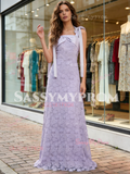 Lavender Straps Satin Lace A Line Prom Dress