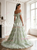 Tulle Sequin Off The Shoulder Light Green A Line Prom Dress