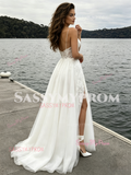 Tulle A Line Appliques Spaghetti Straps Wedding Dress With Slit