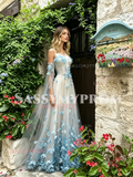 Butterfly Blue Tulle V Neck Pearl A Line Prom Dress With Shawl