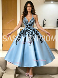 Halter Cut Out Appliques Light Blue Satin Homecoming Dress