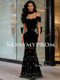 Black Beading Trumpet Mermaid Off The Shoulder Bow Prom Dress