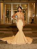 Mermaid Sheer See Through Beading Champagne Prom Dress