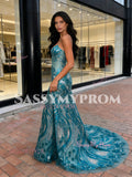 Trumpet Mermaid Sequin Green V Neck Floral Prom Dress