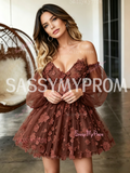 Off The Shoulder Brown Tulle Long Sleeve Lace Homecoming Dress
