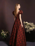 Rose Print A-Line Floor Length Burgundy Prom Dress